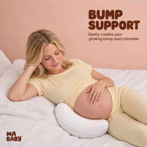 Pregnant woman lying in bed with a pregnancy wedge pillow under her bump