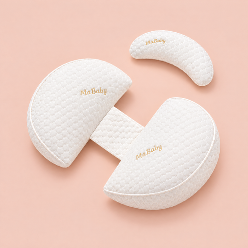 MA BABY compact pregnancy wedge pillow with small knee cushion on a soft pink background