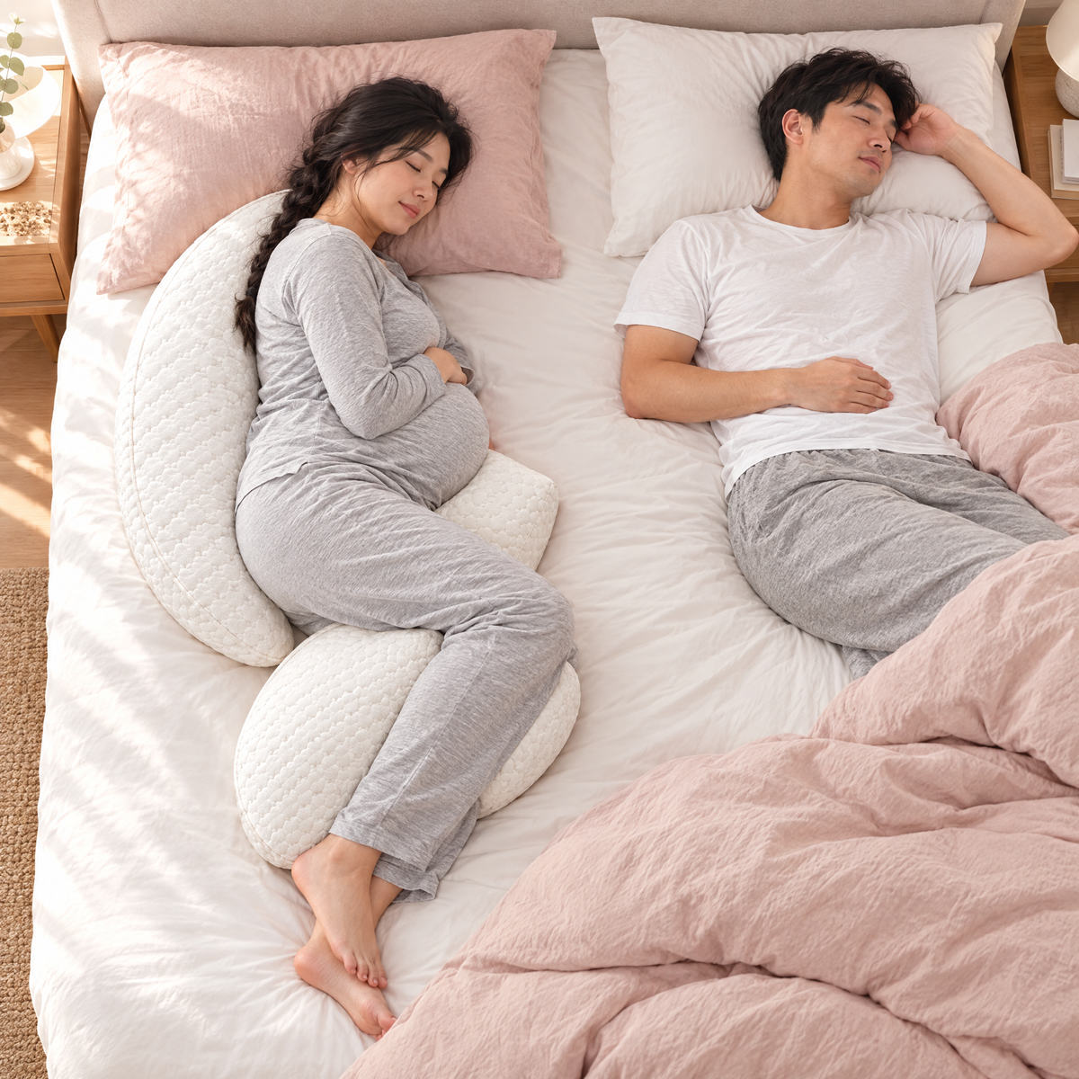 Pregnancy pillow in a double bed leaving room for a partner