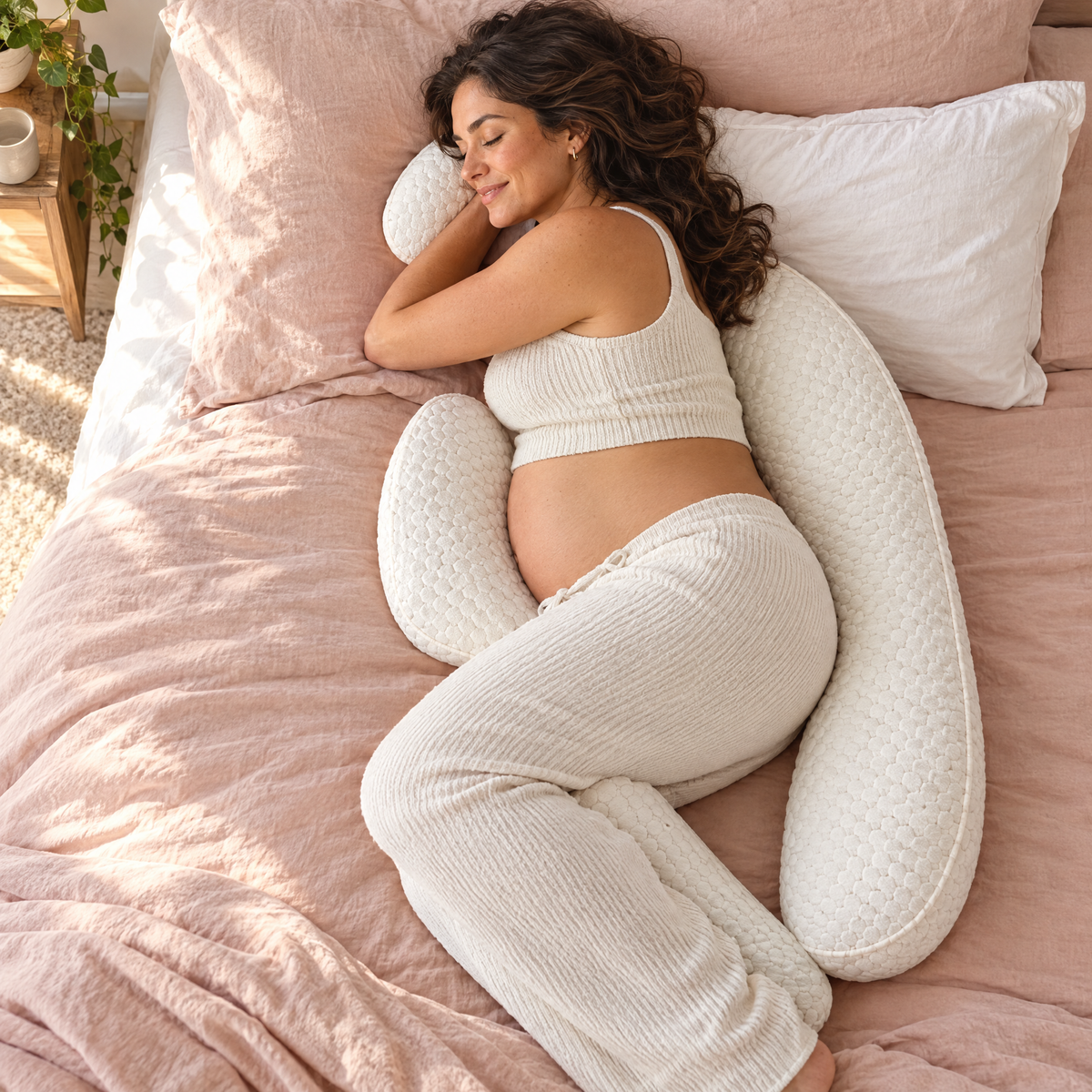 Pregnant woman side sleeping with a 3-piece pregnancy pillow behind her back and between her knees