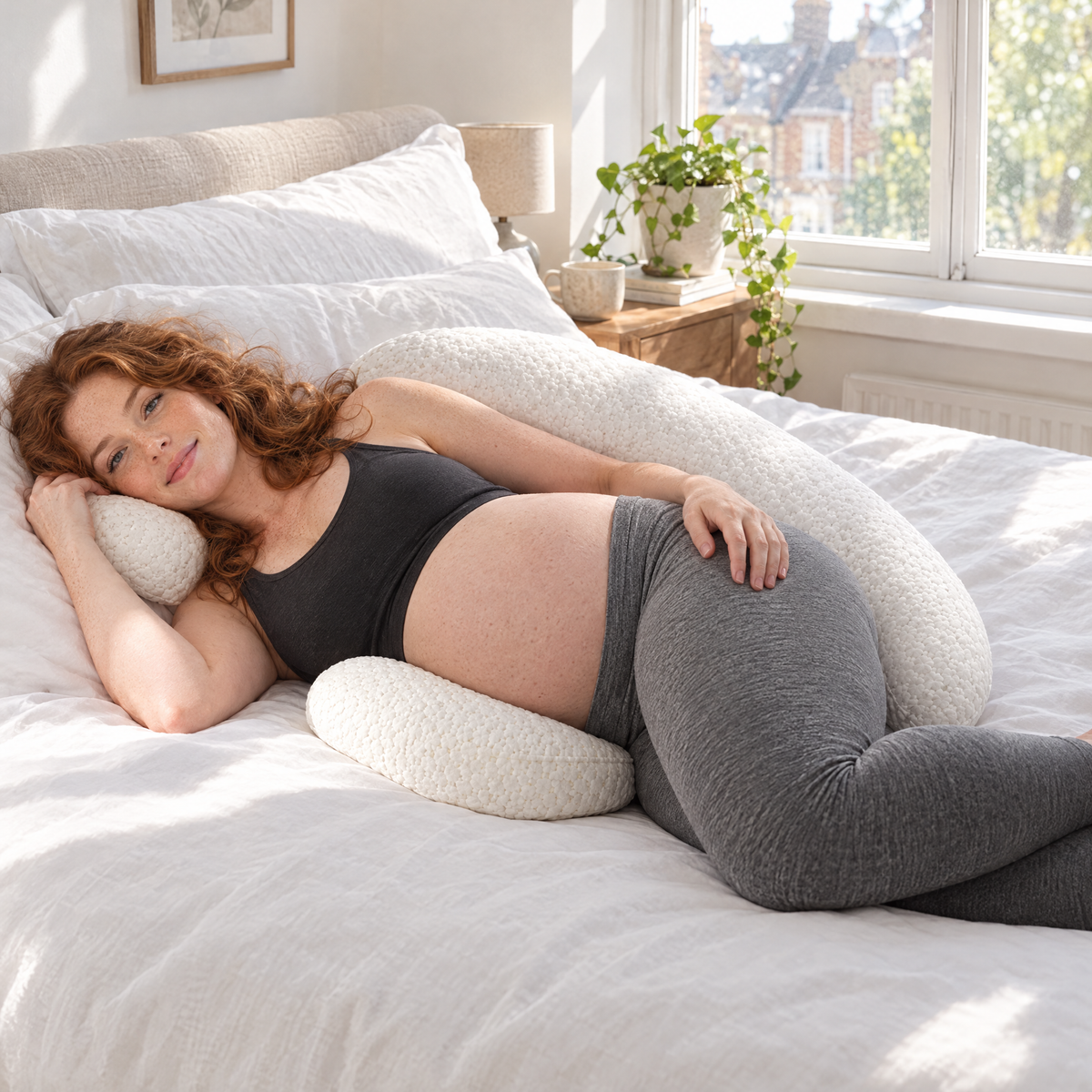 Mum-to-be resting on her side with the Bump Nest Plus